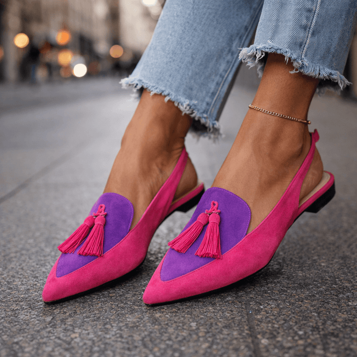 Lorena | Two-Tone Suede Flat Mules & Pom-poms