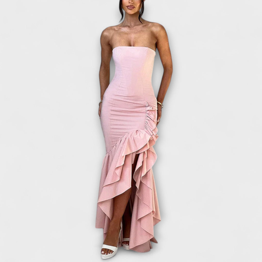 Zuri - Cold Shoulder Asymmetric Hem Maxi Dress