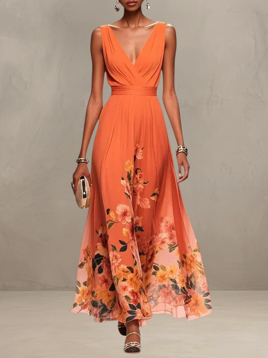 ROSA | V-NECK FLORAL CHIFFON MAXI DRESS