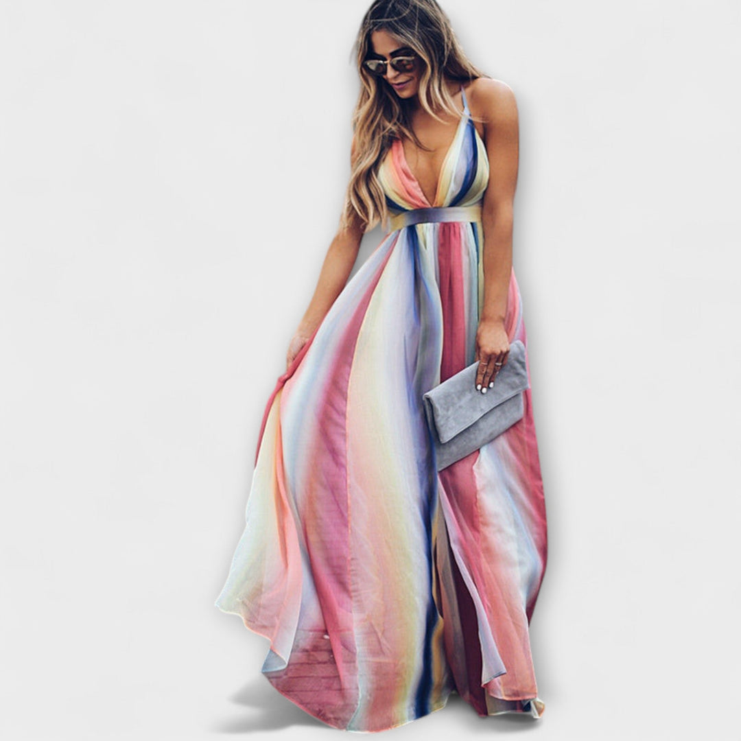Mode Lumiére™ Women's Multicolor Striped V-Neck Maxi Dress