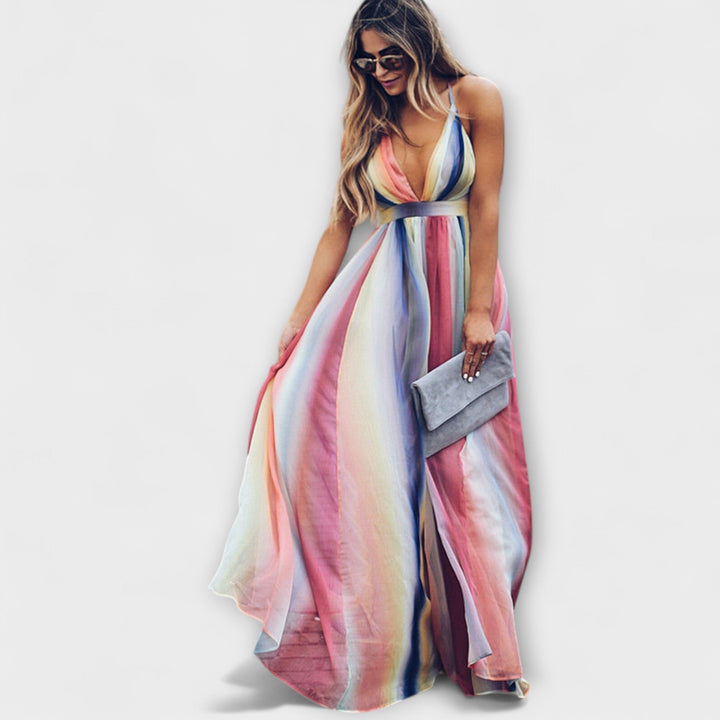 Mode Lumiére™ Women's Multicolor Striped V-Neck Maxi Dress