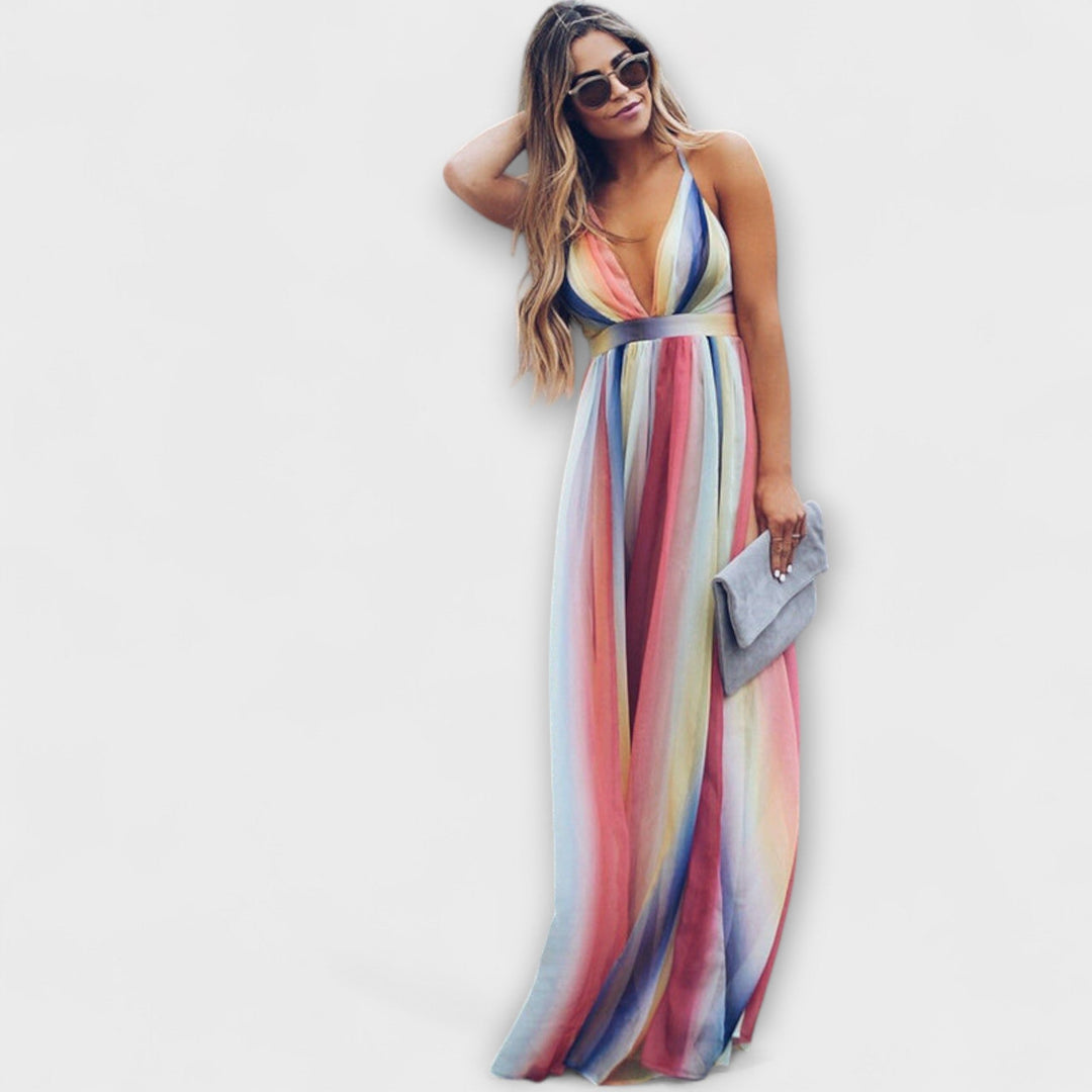 Mode Lumiére™ Women's Multicolor Striped V-Neck Maxi Dress