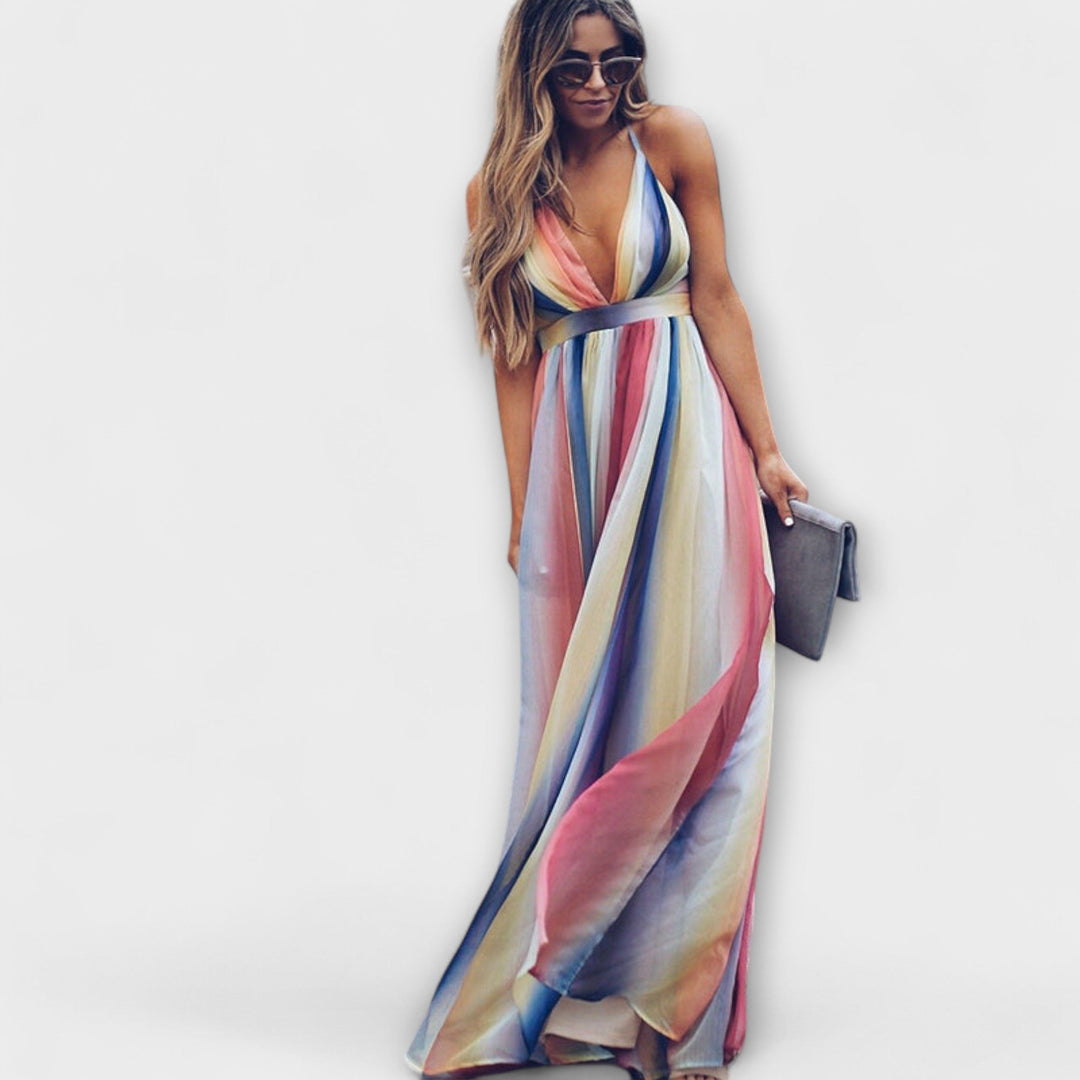 Mode Lumiére™ Women's Multicolor Striped V-Neck Maxi Dress