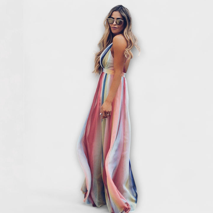 Mode Lumiére™ Women's Multicolor Striped V-Neck Maxi Dress