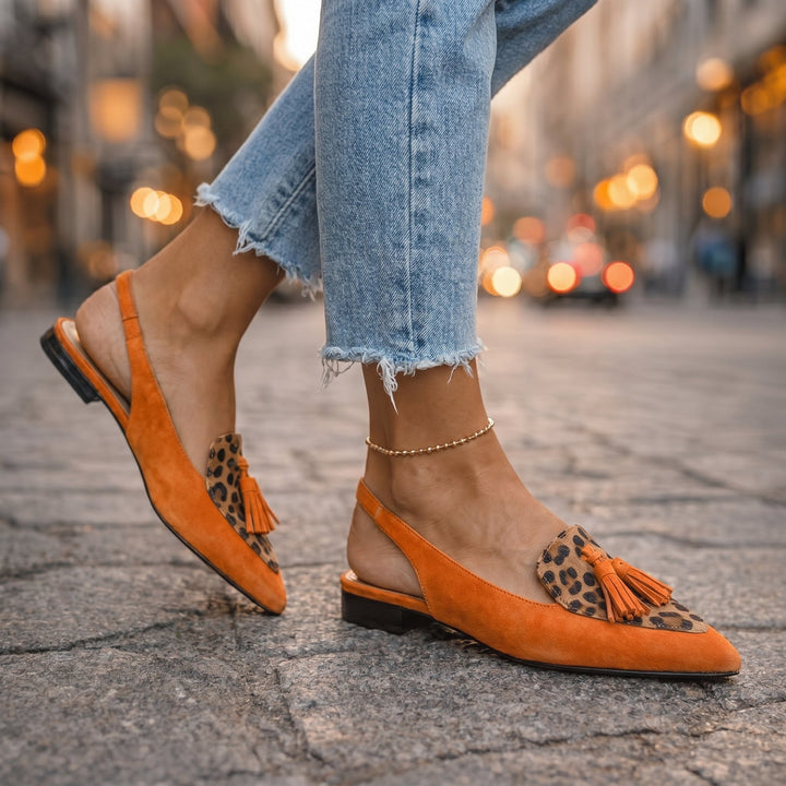 Lorena | Two-Tone Suede Flat Mules & Pom-poms