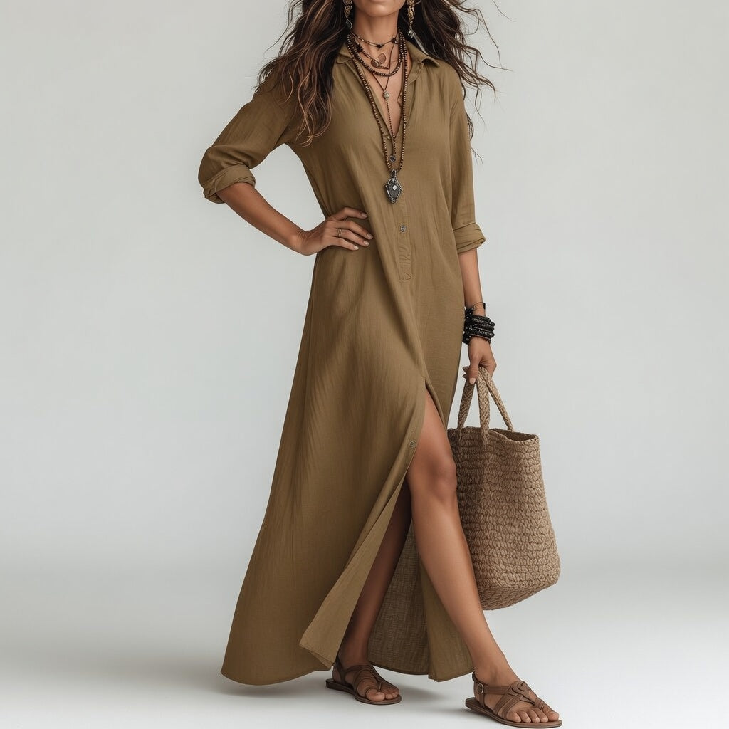 Violaine™ — Long Bohemian Shirt Dress Natural Elegance
