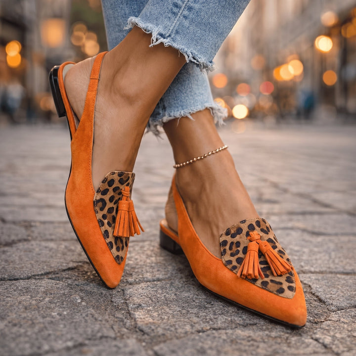 Lorena | Two-Tone Suede Flat Mules & Pom-poms
