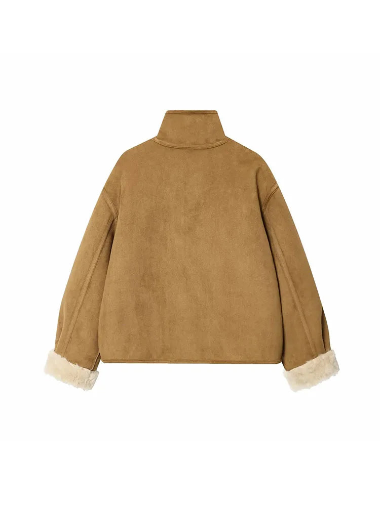 Women's 2025 Double-sided Lamb Velvet Coat Women's Fashion Stand Collar Single-breasted Pocket Short Jacket Lady Outerwear