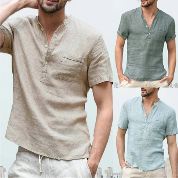 Men's Cotton Linen Henley Shirt Fashion Light