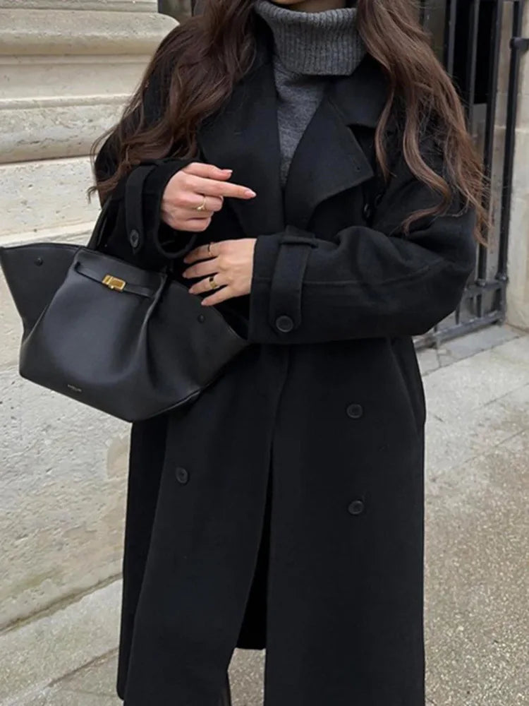 Elegant Black Long Coat with Belt for Women