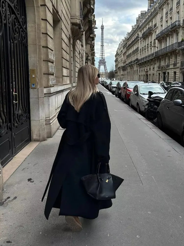 Elegant Black Long Coat with Belt for Women