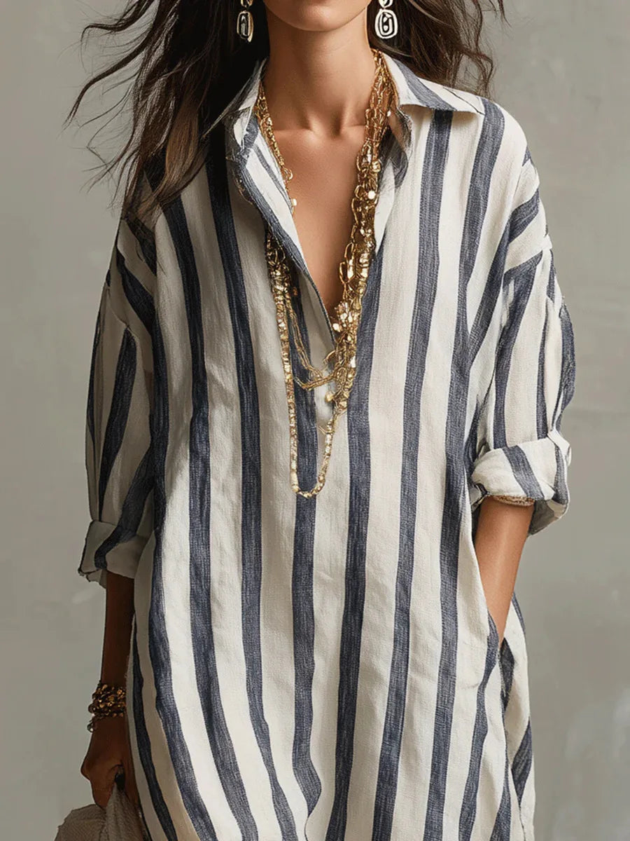 Amaris | Striped Linen & Cotton Long Shirt Dress