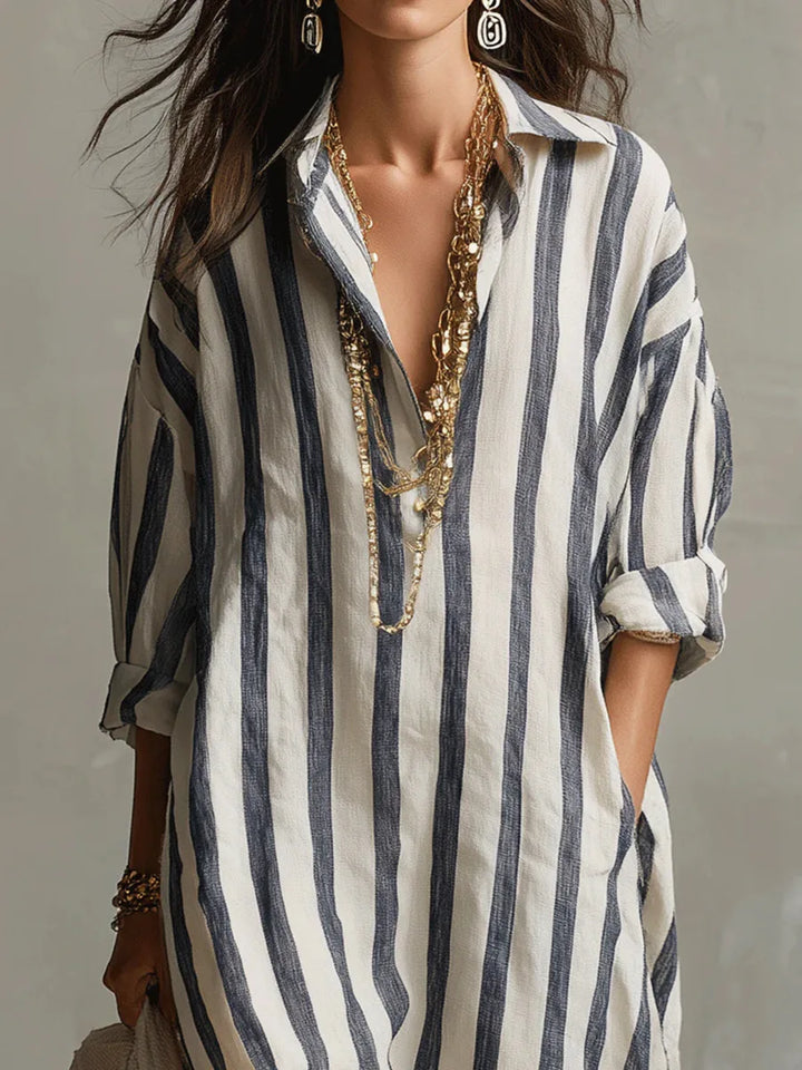 Amaris | Striped Linen & Cotton Long Shirt Dress