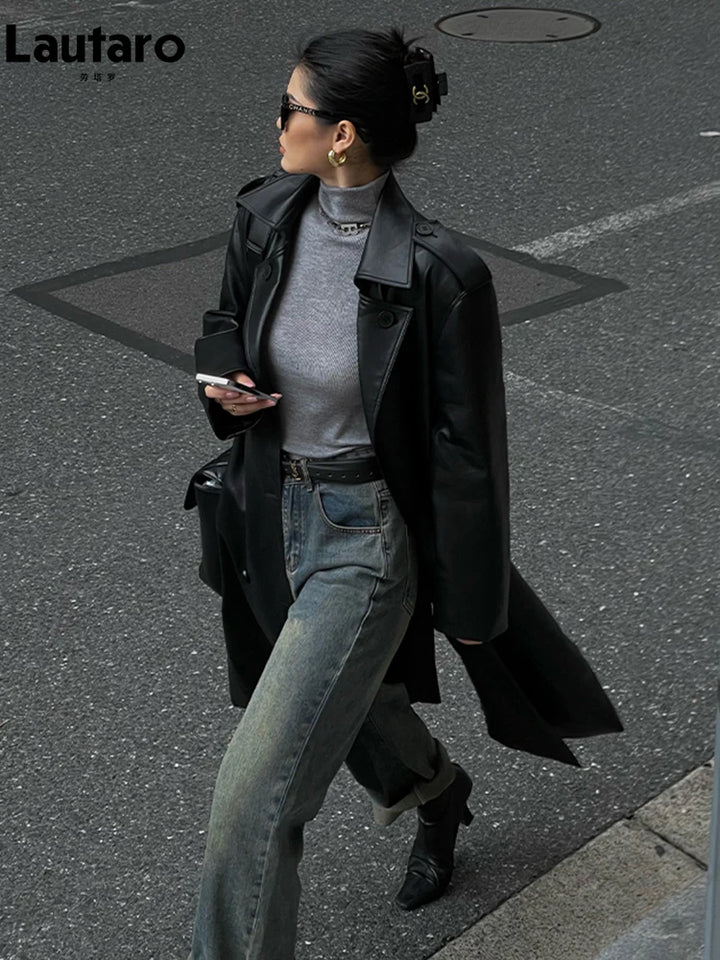 Lautaro - Women's Soft Faux Leather Trench Coat