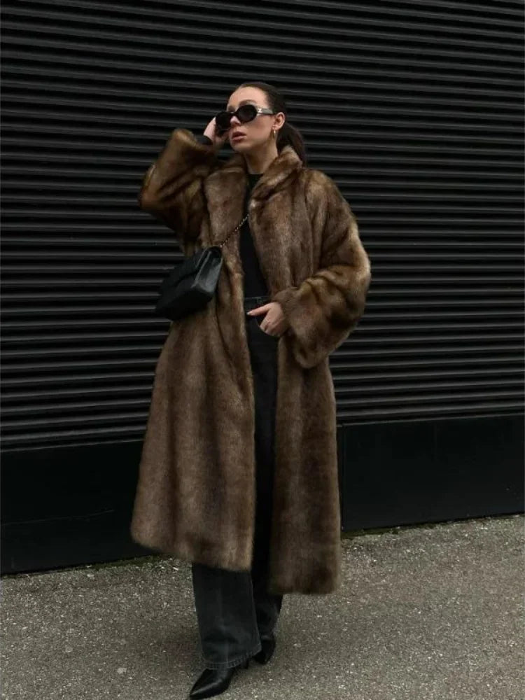 Fashion Mixed Color Lapel Collar Women's Long Coat Elegant Full Sleeve Loose Overcoat New Winter Lady High Street Faux Fur Jacket