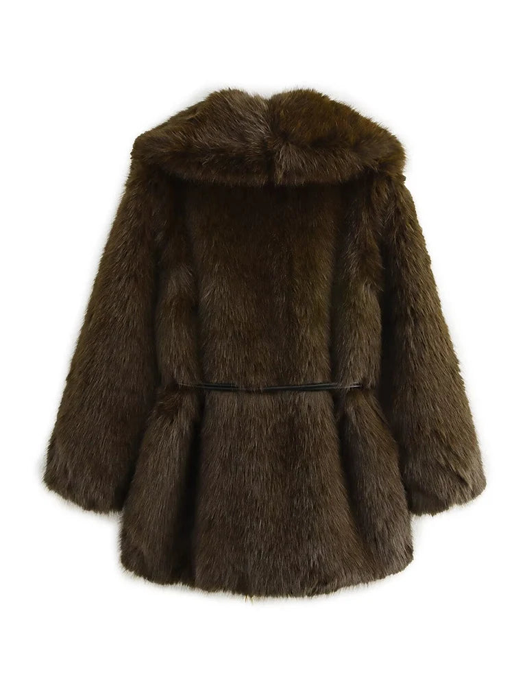Women's Lapel Faux Fur Coat With Belt Winter