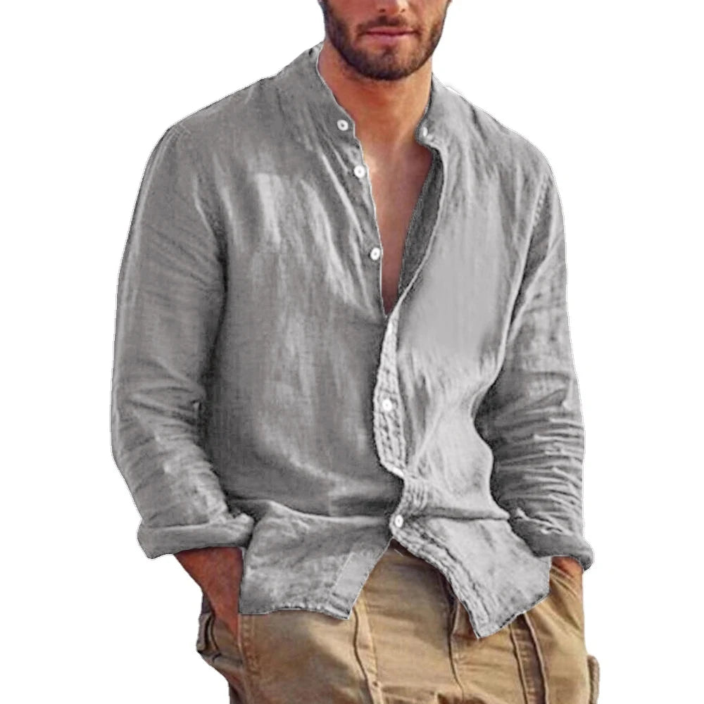 Light Mode | Men's Linen Mandarin Collar Shirt Casual Elegance