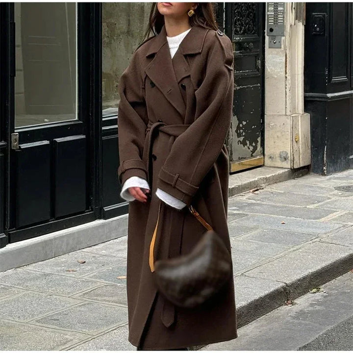Elegant Grey Long Belted Faux Wool Women's Coat