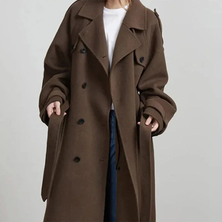 Elegant Grey Long Belted Faux Wool Women's Coat