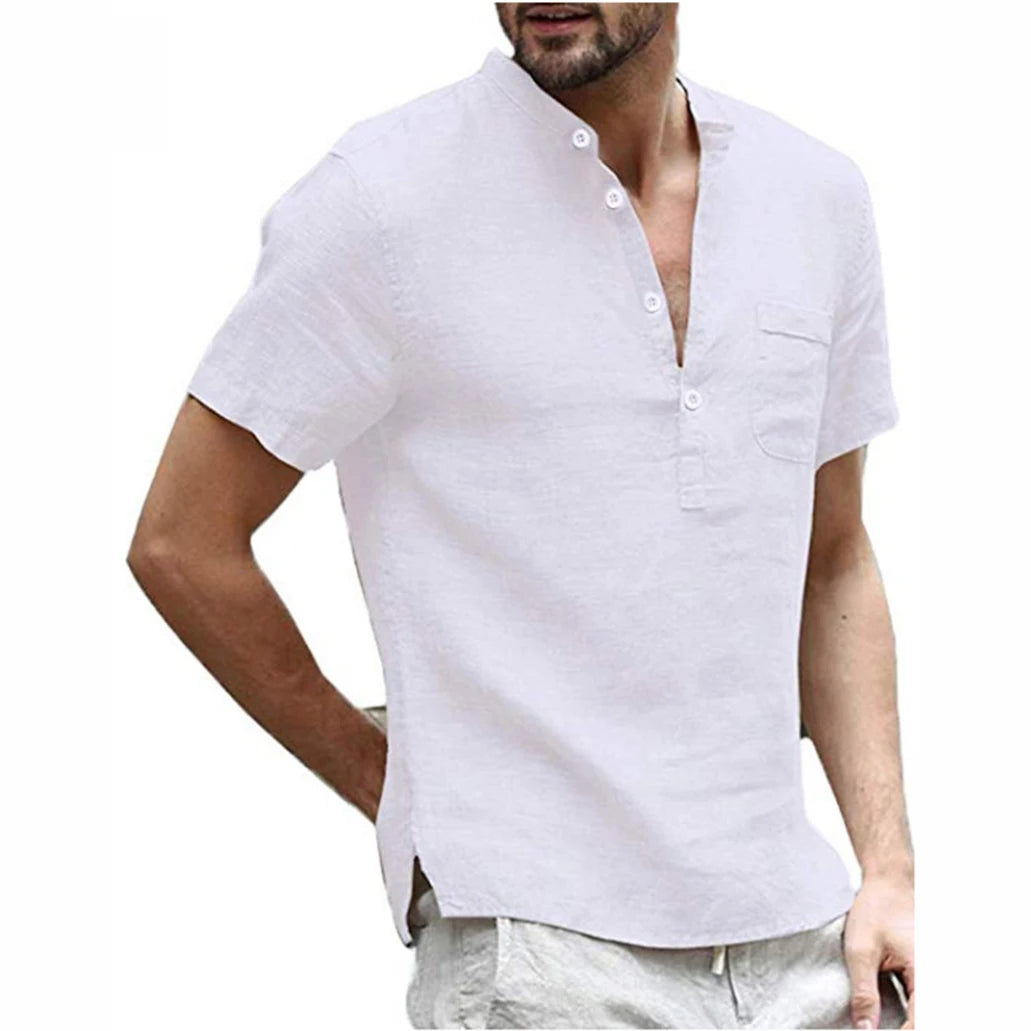 Men's Cotton Linen Henley Shirt Fashion Light