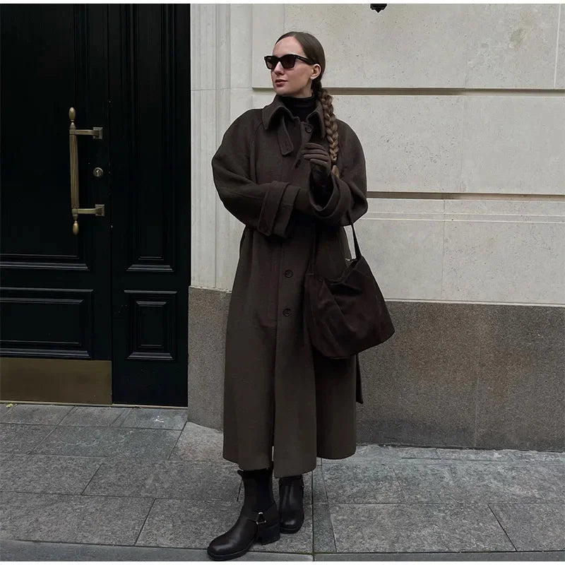 Elegant Grey Long Belted Faux Wool Women's Coat