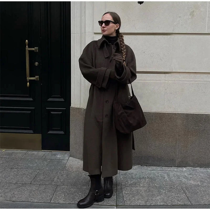 Elegant Grey Long Belted Faux Wool Women's Coat