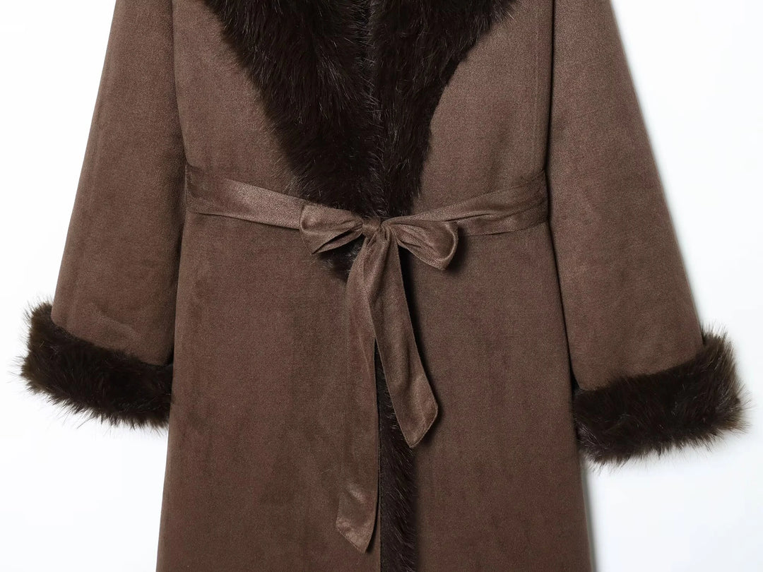 European and American style 2025 winter new women's faux fur belt long coat jacket