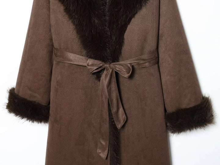 European and American style 2025 winter new women's faux fur belt long coat jacket