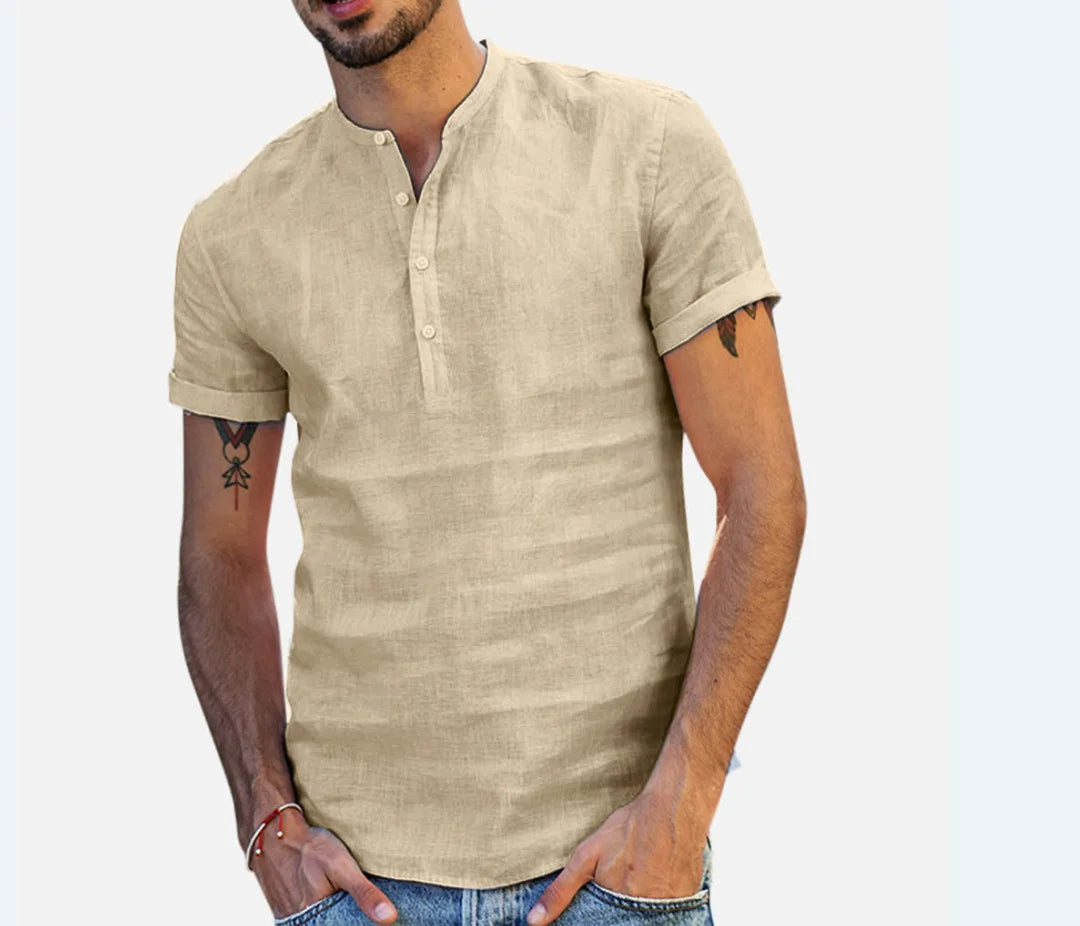 Men's Cotton Linen Henley Shirt Fashion Light