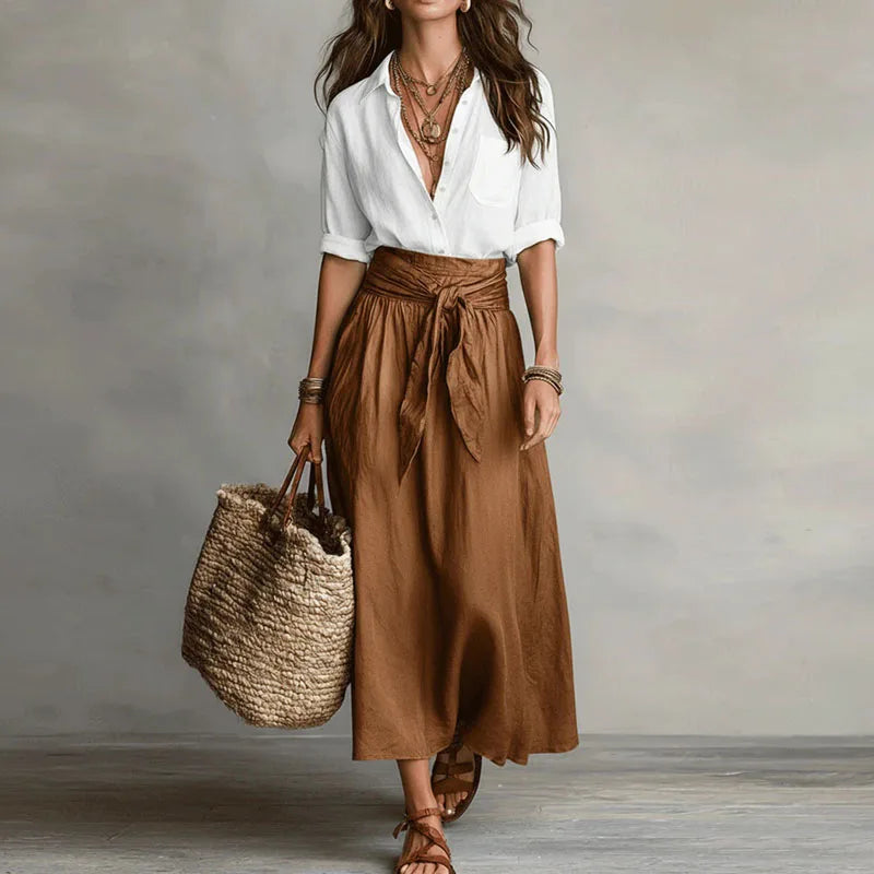 Jeanelle | Linen Shirt & Tie-Front Midi Skirt Set
