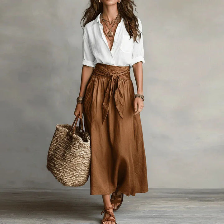 Jeanelle | Linen Shirt & Tie-Front Midi Skirt Set