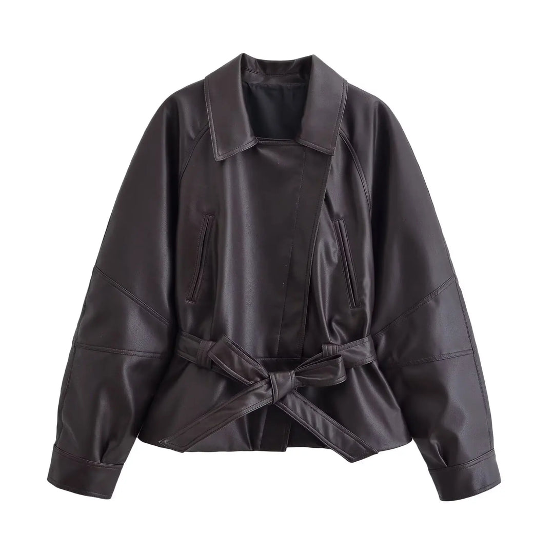Women's Short Faux Leather Jacket with Belt
