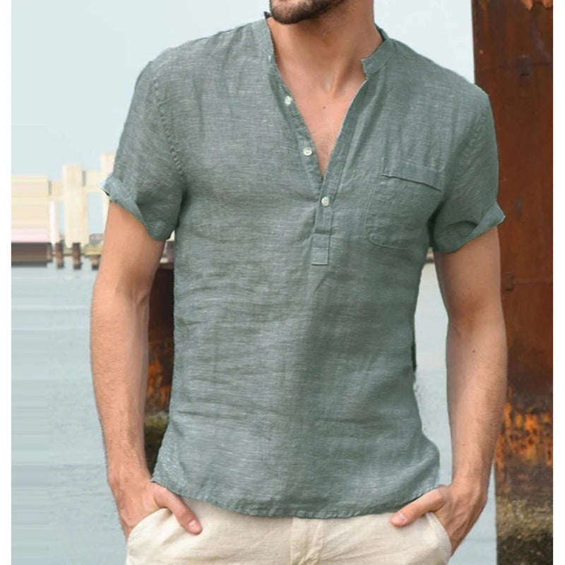 Men's Cotton Linen Henley Shirt Fashion Light