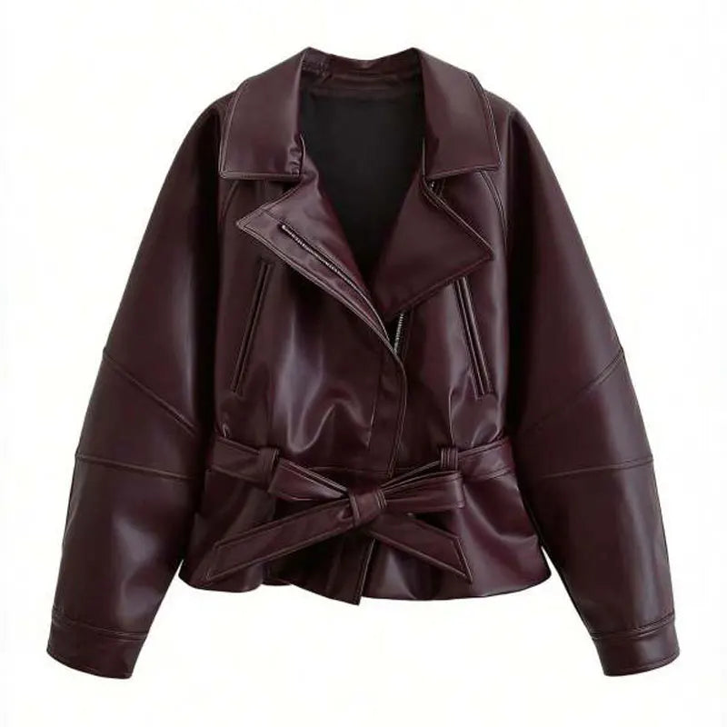 Women's Short Faux Leather Jacket with Belt