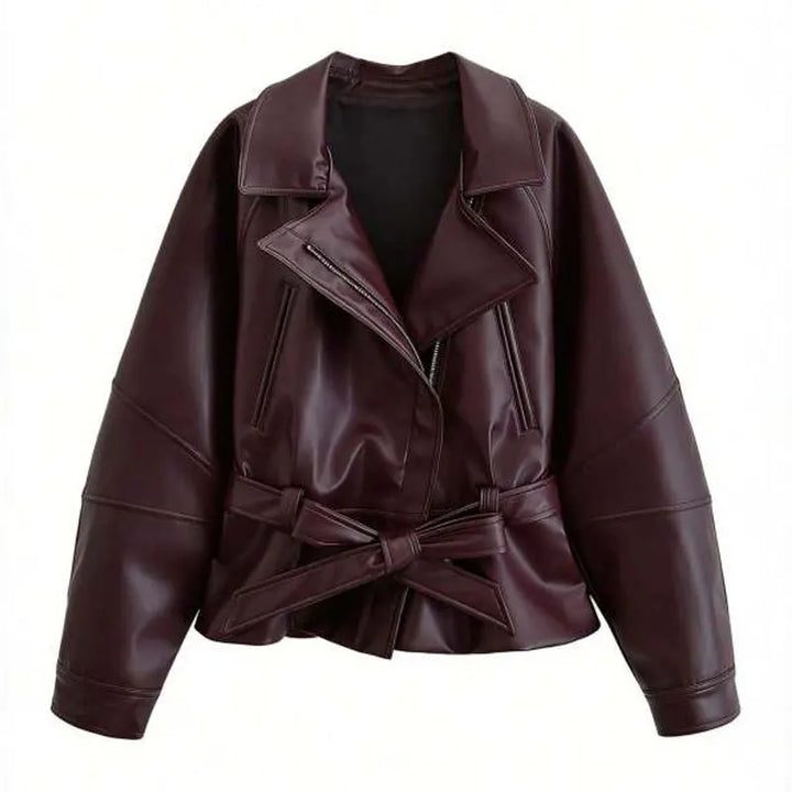 Women's Short Faux Leather Jacket with Belt
