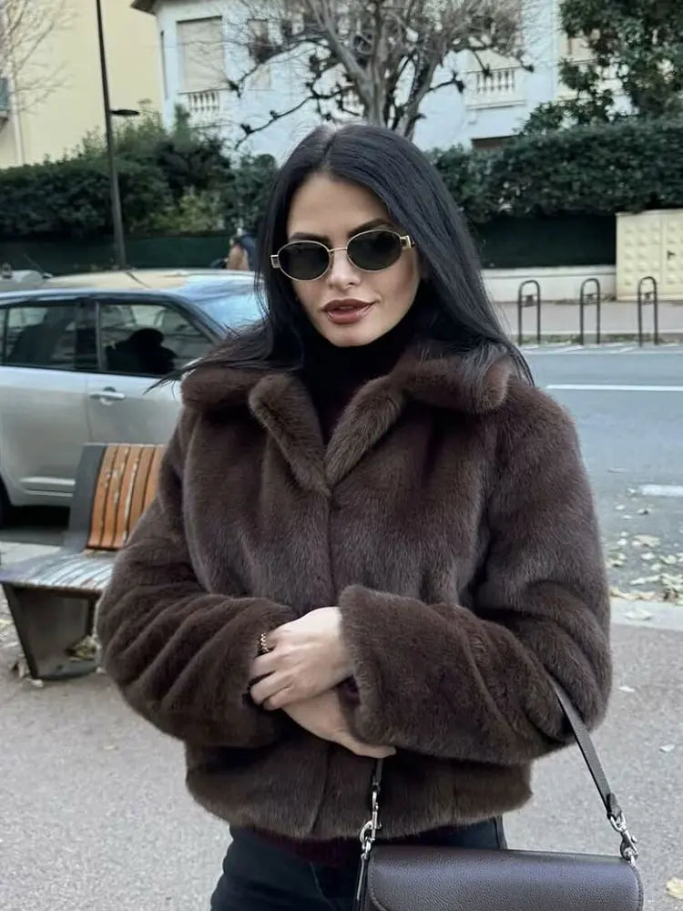 HH Women's Casual Brown Short Faux Fur Coat