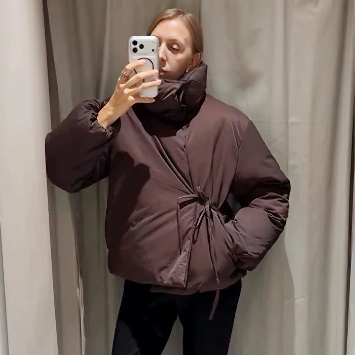 Women's Casual Brown Lace-Up Winter Jacket