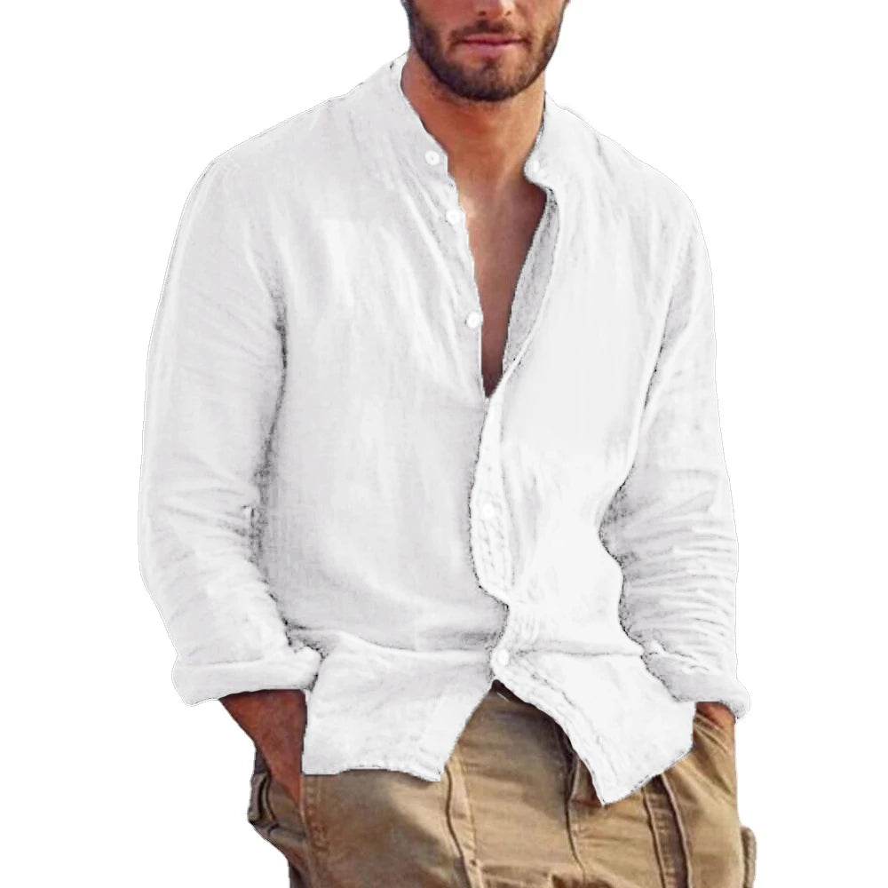 Light Mode | Men's Linen Mandarin Collar Shirt Casual Elegance