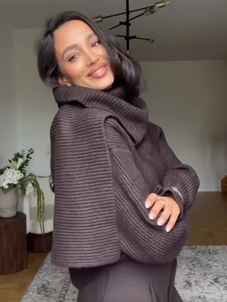 Women's brown knitted turtleneck sweater