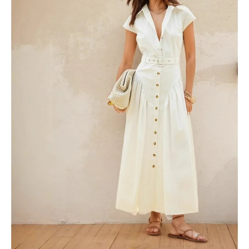 Women's French Lapel Long Dress, Single-Breasted, Slim Fit, Ideal for Summer, Trendy Office Wear
