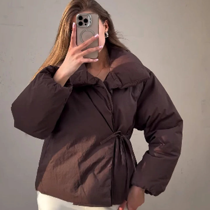 Women's Casual Brown Lace-Up Winter Jacket