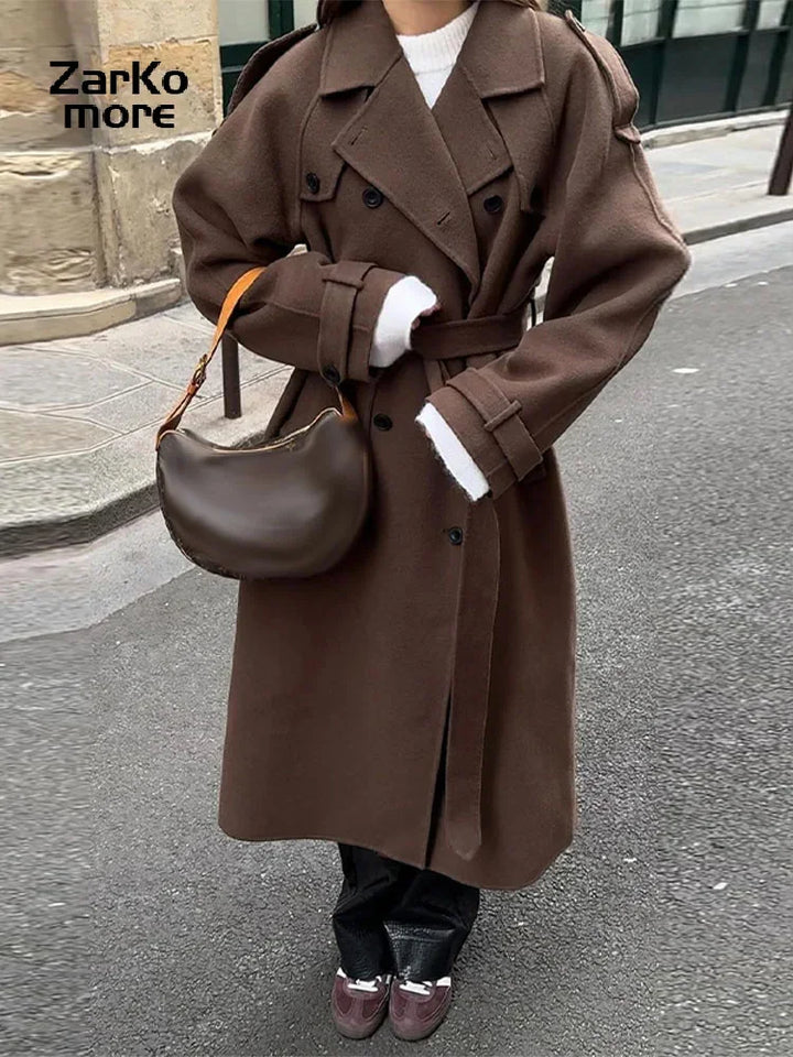 Elegant Grey Long Belted Faux Wool Women's Coat