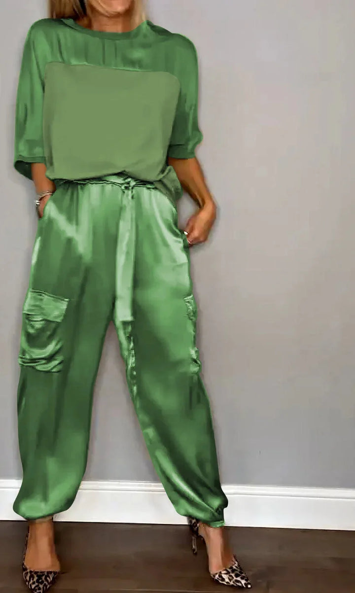 Averielle | Satin Two-Piece Set Top & Flowy Cargo Pants