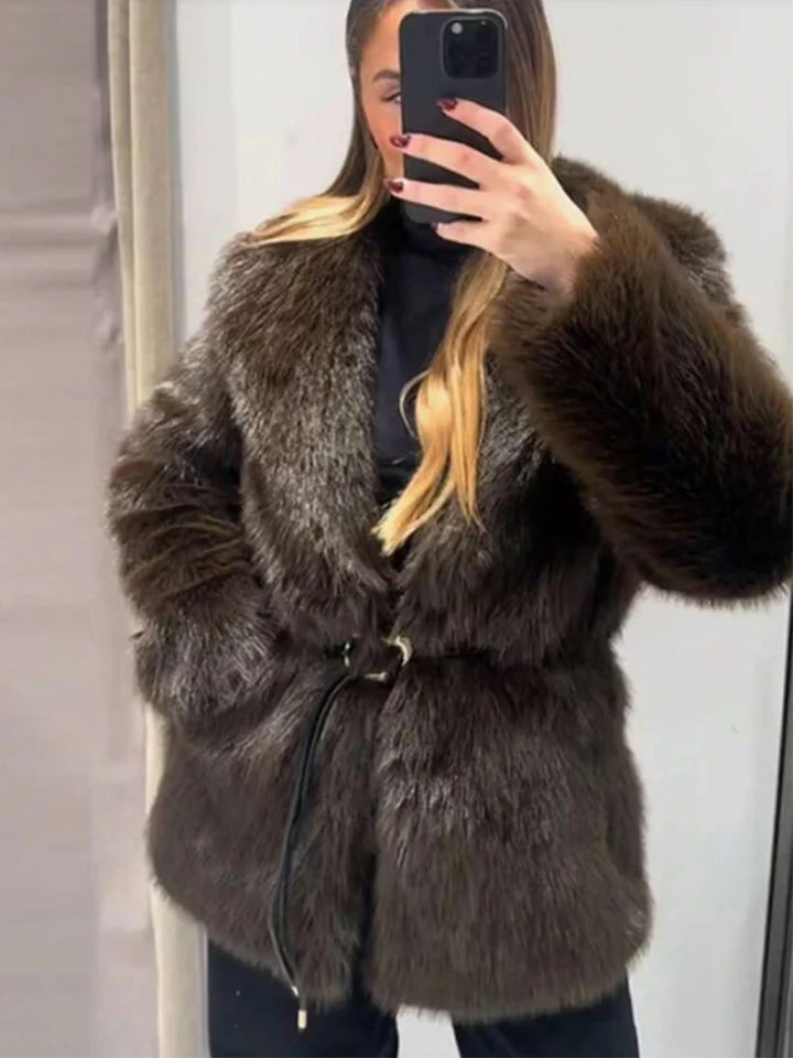Women's Lapel Faux Fur Coat With Belt Winter