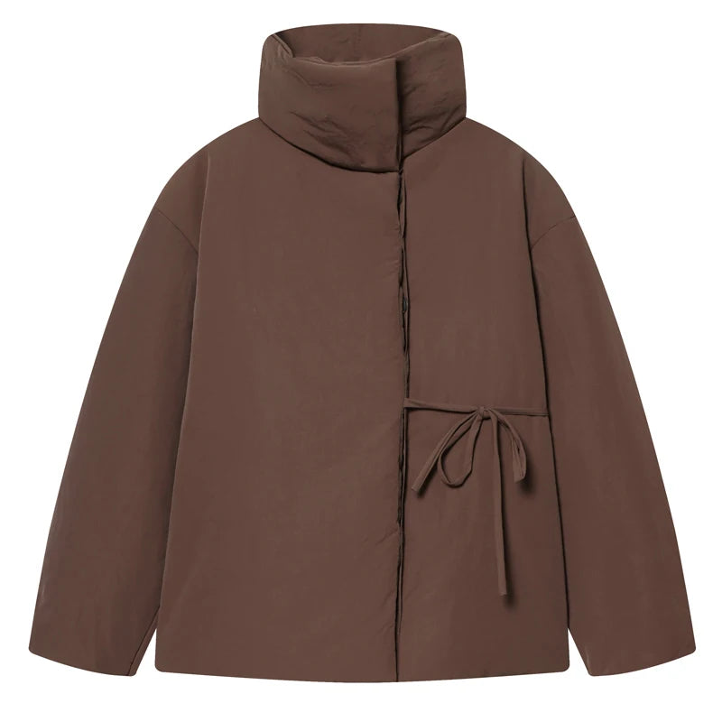 Women's Casual Brown Lace-Up Winter Jacket