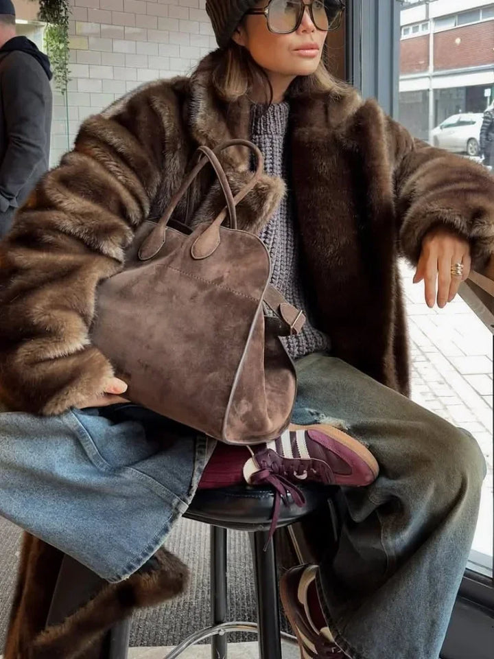Fashion Mixed Color Lapel Collar Women's Long Coat Elegant Full Sleeve Loose Overcoat New Winter Lady High Street Faux Fur Jacket