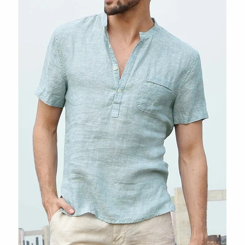 Men's Cotton Linen Henley Shirt Fashion Light