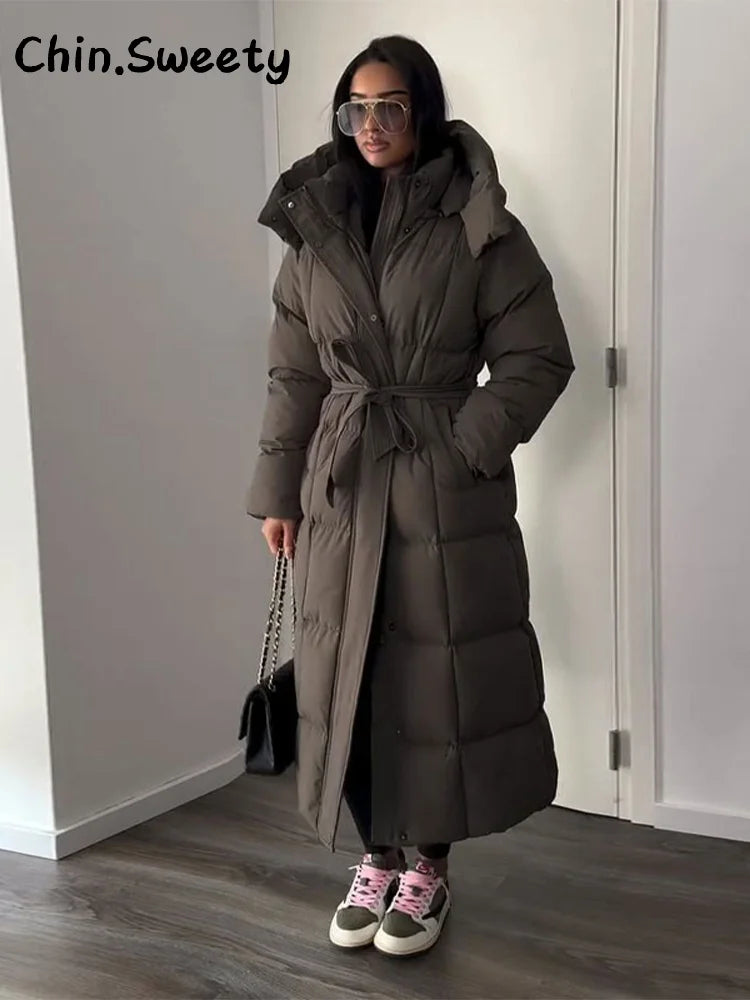 Hot Women Puffy Quilted Hooded Long Cotton Coat