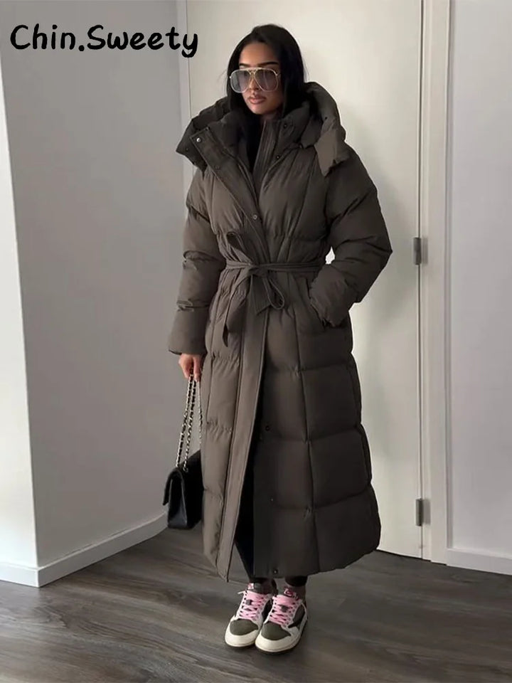 Hot Women Puffy Quilted Hooded Long Cotton Coat