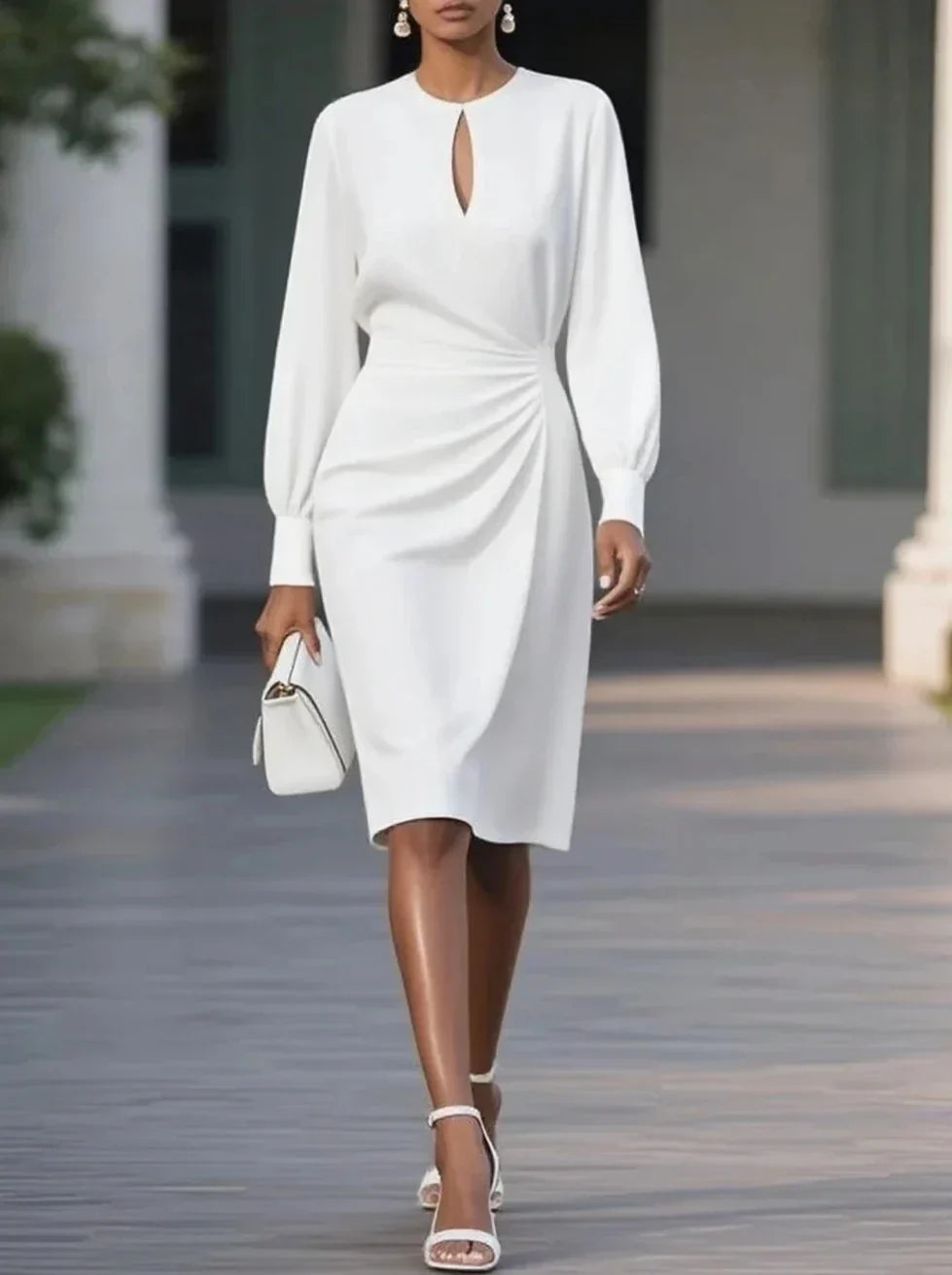 Caliora | Black Long Sleeve & Side Ruched Midi Dress